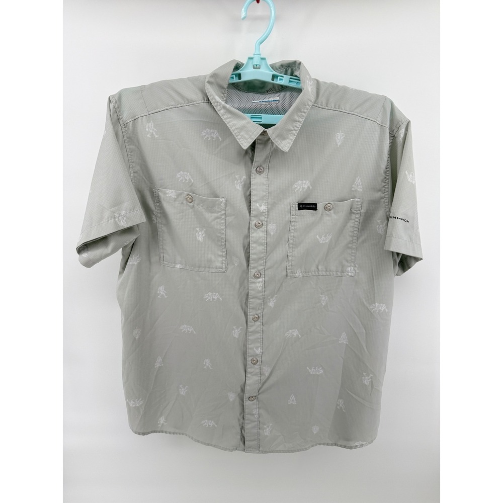 Columbia Omni-Wick Mens XL Gray Bigfoot Print Short Sleeve Shirt Gorpcore Hiking
